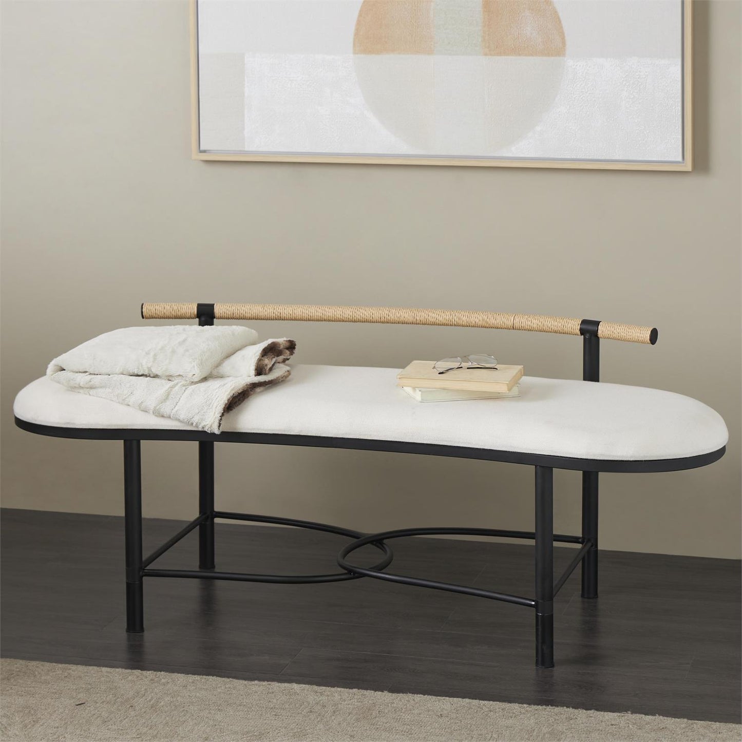 White Fabric Abstract Upholstered Oval Home Bench with Black Metal Frame and Rope Rod Backrest