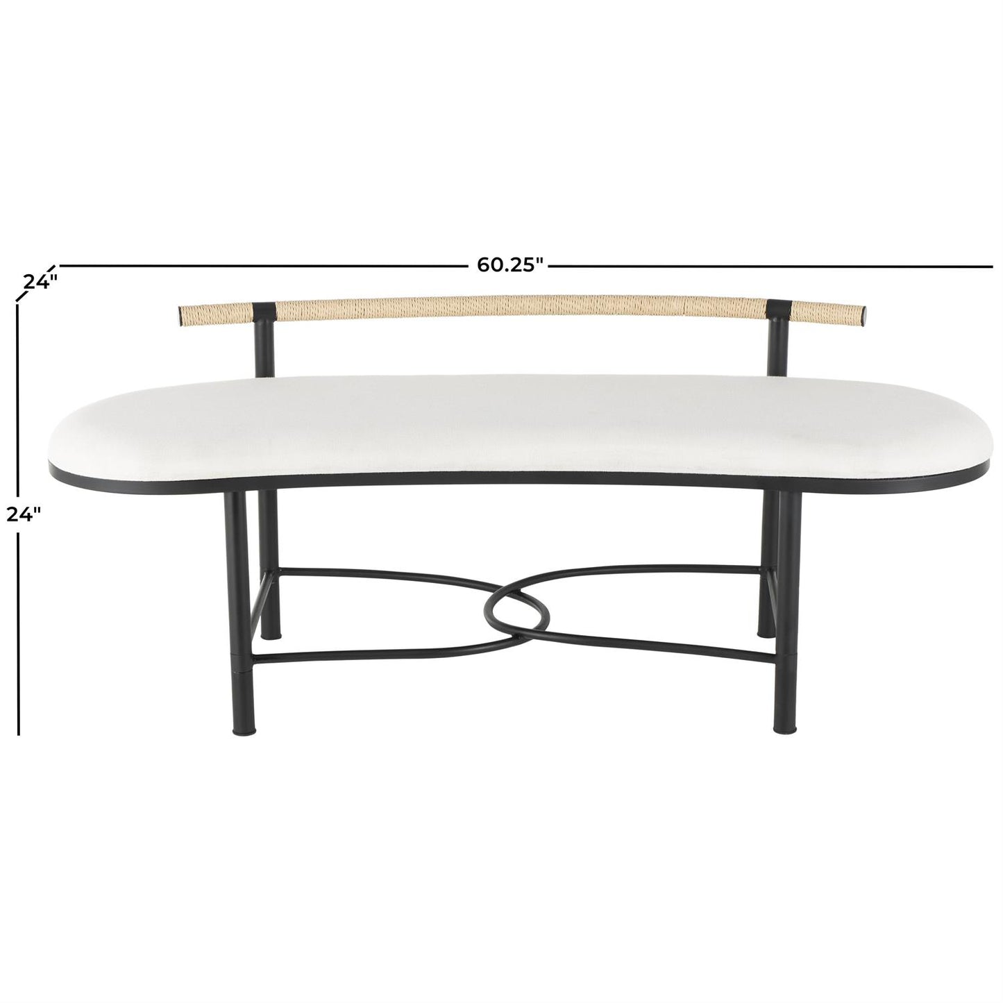 White Fabric Abstract Upholstered Oval Home Bench with Black Metal Frame and Rope Rod Backrest