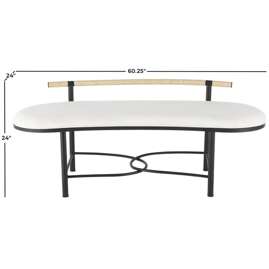 White Fabric Abstract Upholstered Oval Home Bench with Black Metal Frame and Rope Rod Backrest