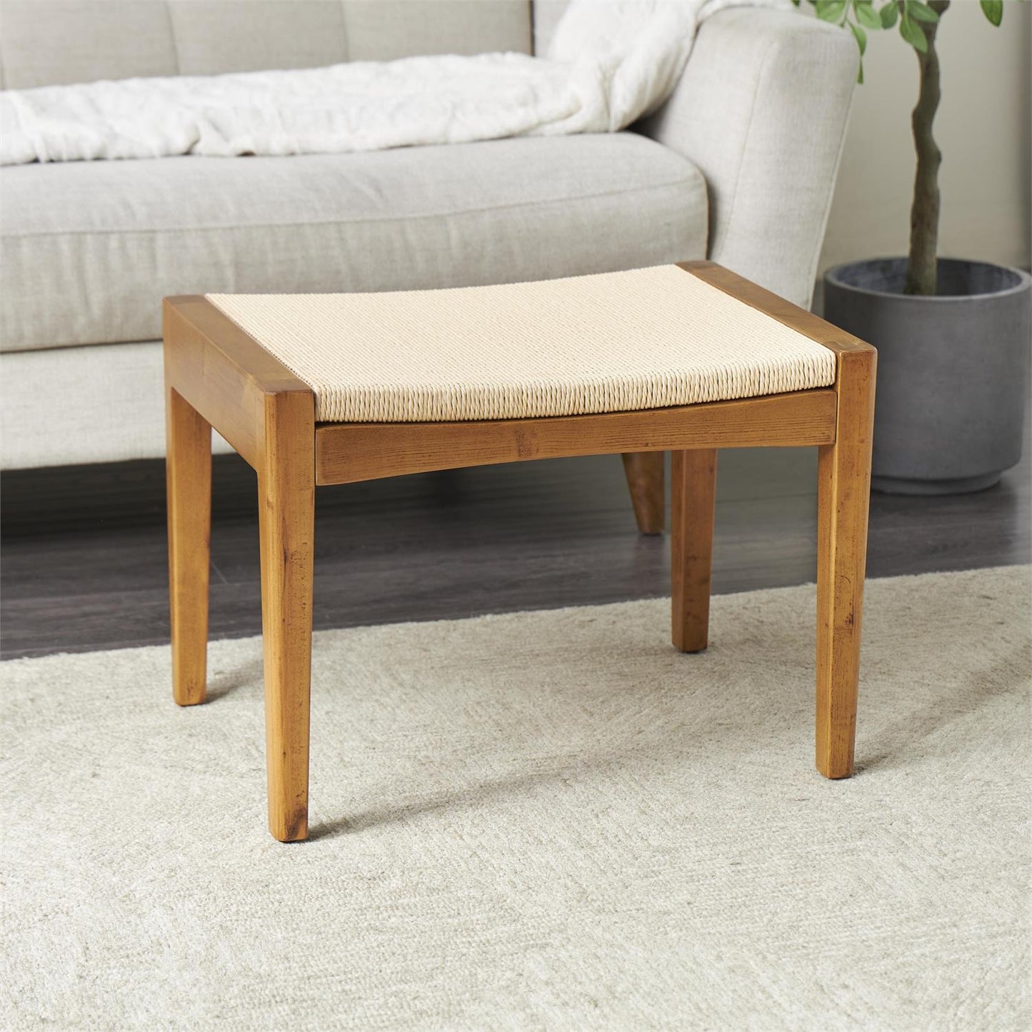 Brown Wood Handmade Traditional Living Room Stool with Rope Wrapped Seat
