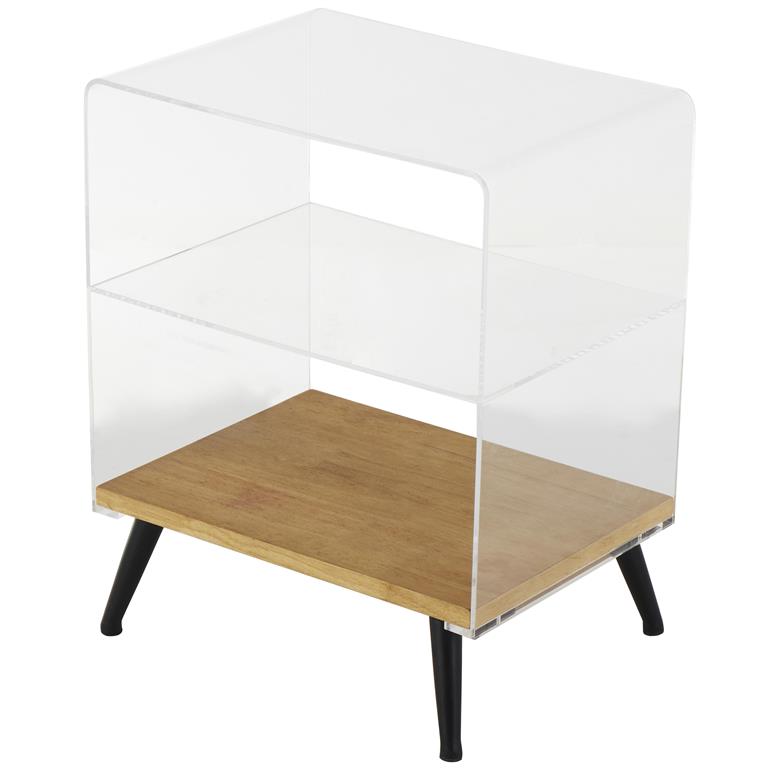 Clear Acrylic Plastic Side End Accent Table and book shelf with Wood Base and Black Meta