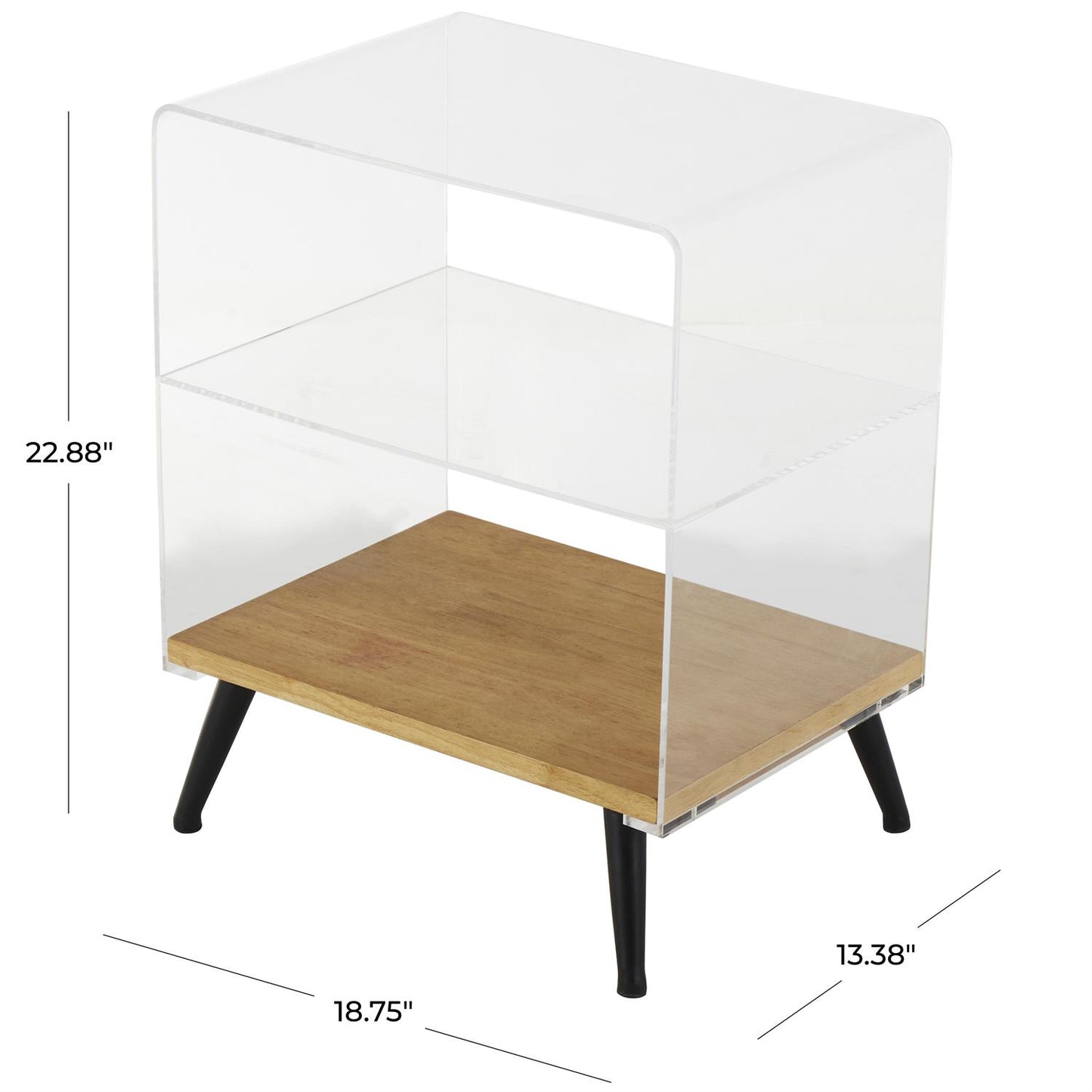 Clear Acrylic Plastic Side End Accent Table and book shelf with Wood Base and Black Meta