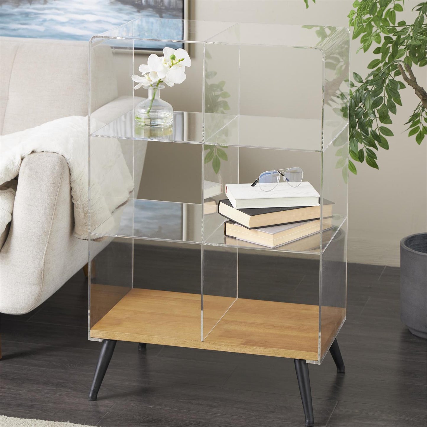 Clear Acrylic Plastic Side End Accent Table and book shelf with Wood Base and Black Meta