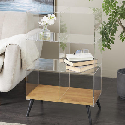 Clear Acrylic Plastic Side End Accent Table and book shelf with Wood Base and Black Meta