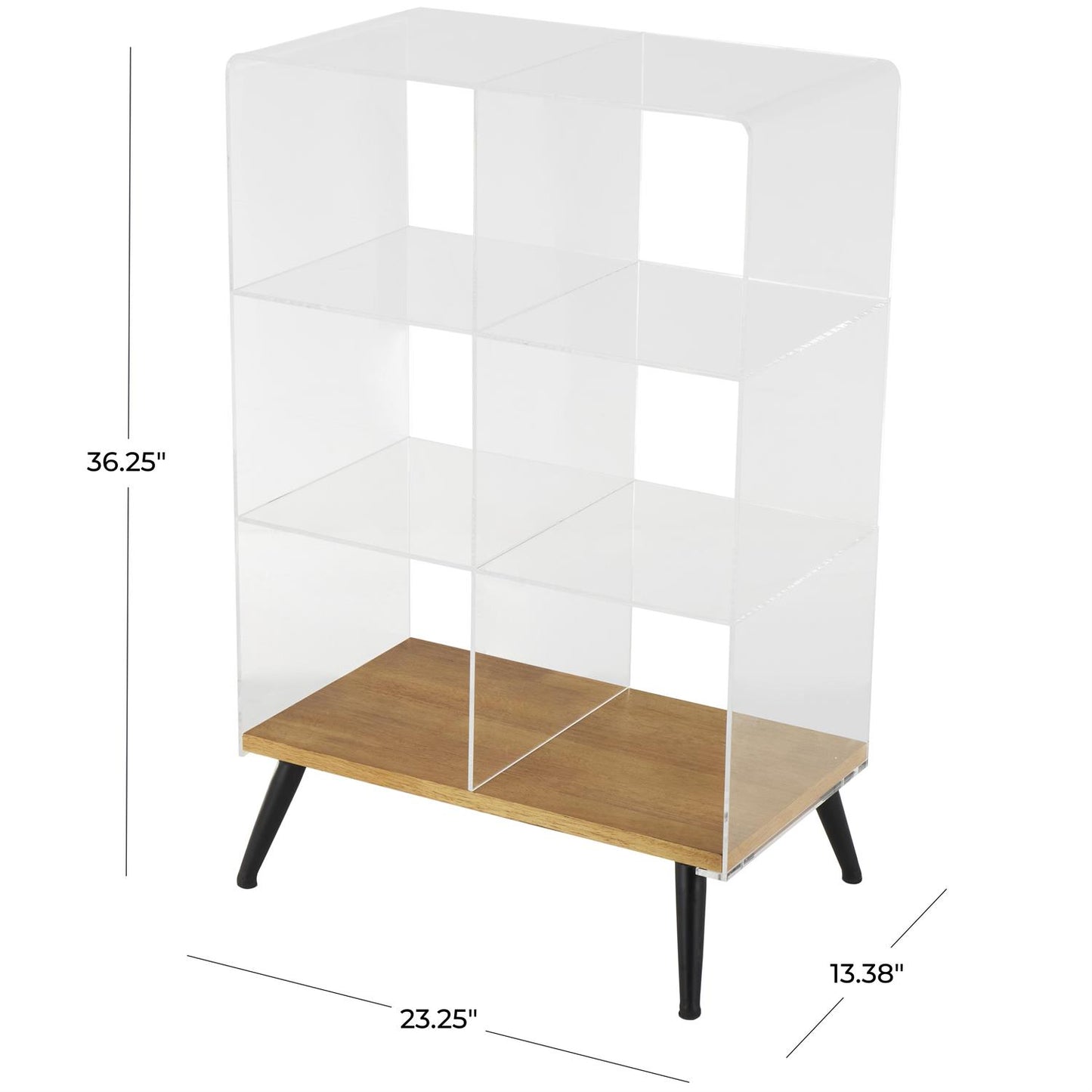 Clear Acrylic Plastic Side End Accent Table and book shelf with Wood Base and Black Meta