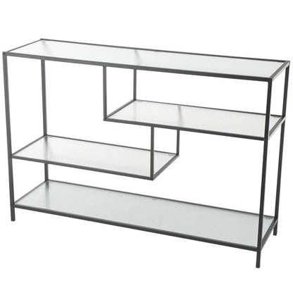 Black Metal Geometric 4 Shelf Living Room Console Table with Clear Glass Shelves