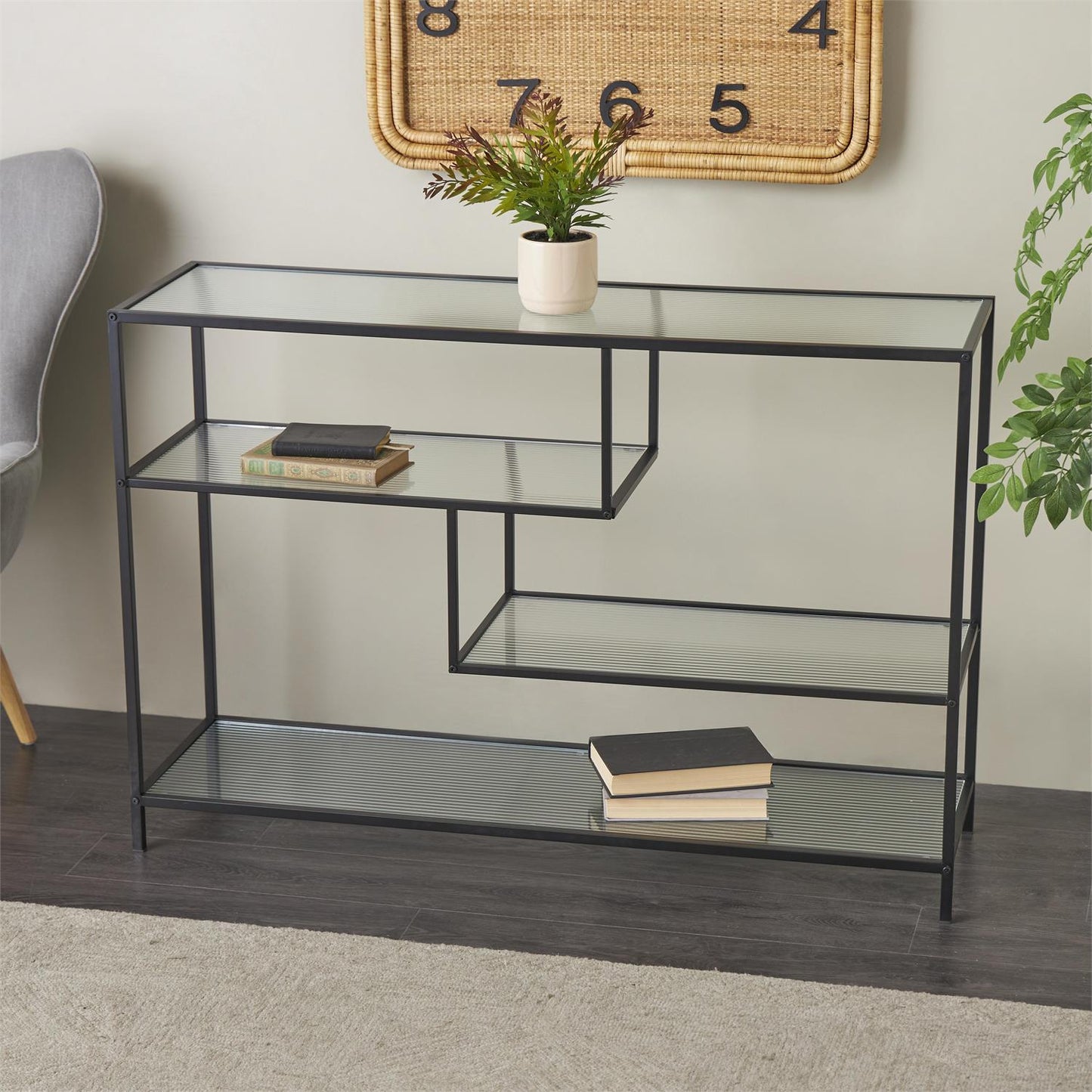 Black Metal Geometric 4 Shelf Living Room Console Table with Clear Glass Shelves