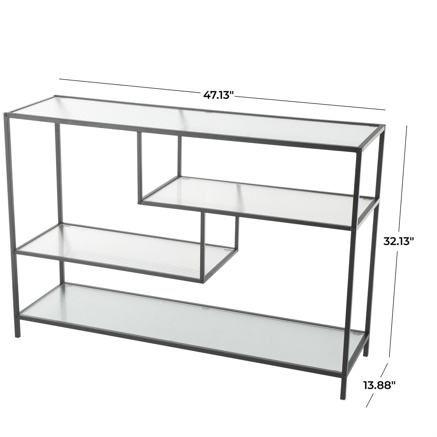 Black Metal Geometric 4 Shelf Living Room Console Table with Clear Glass Shelves