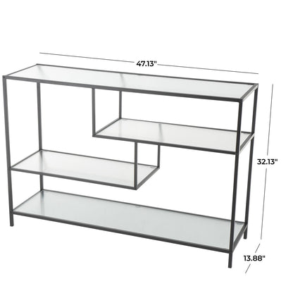 Black Metal Geometric 4 Shelf Living Room Console Table with Clear Glass Shelves