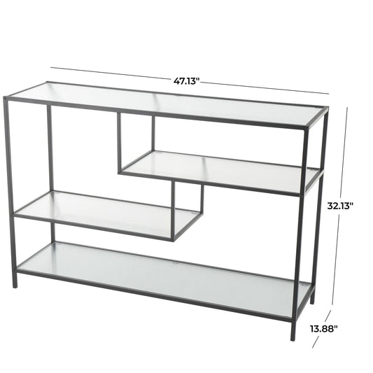 Black Metal Geometric 4 Shelf Living Room Console Table with Clear Glass Shelves