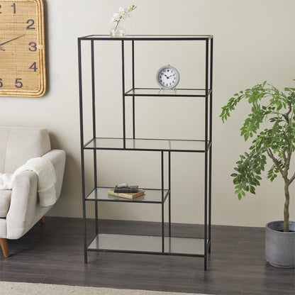Black Metal Geometric 4 Shelf Living Room Console Table with Clear Glass Shelves