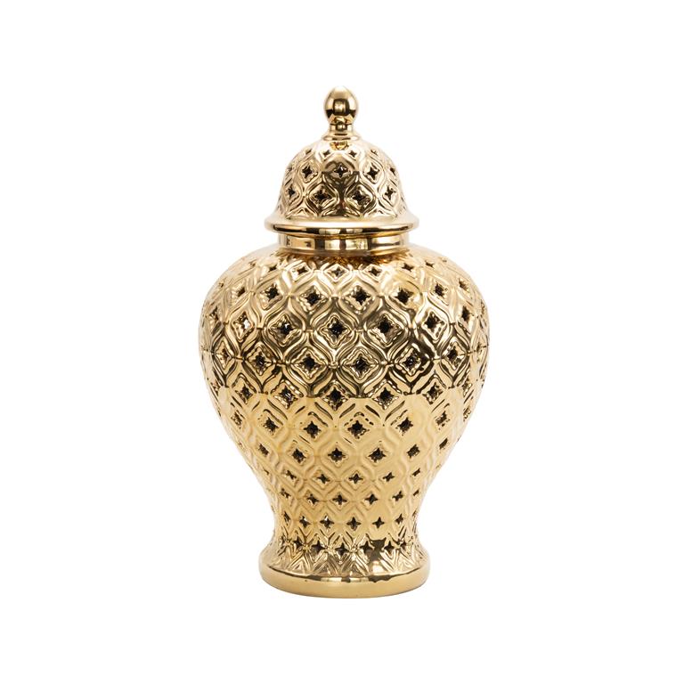 Gold Ceramic Living Room Decorative Jars with Geometric Cutout Design and Lid