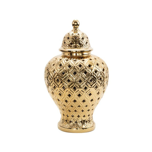 Gold Ceramic Living Room Decorative Jars with Geometric Cutout Design and Lid