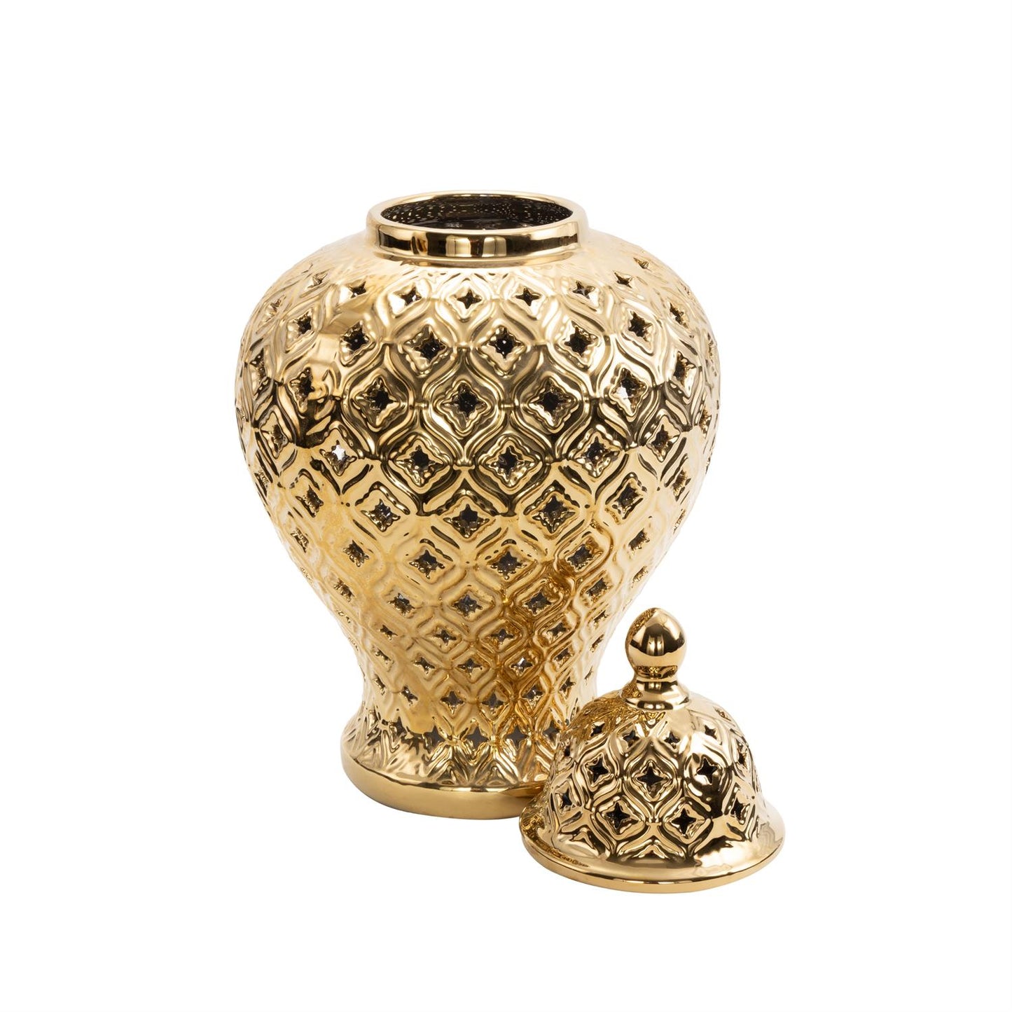 Gold Ceramic Living Room Decorative Jars with Geometric Cutout Design and Lid