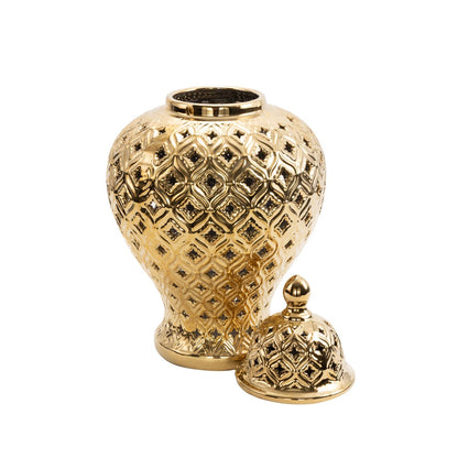 Gold Ceramic Living Room Decorative Jars with Geometric Cutout Design and Lid