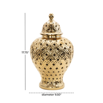 Gold Ceramic Living Room Decorative Jars with Geometric Cutout Design and Lid