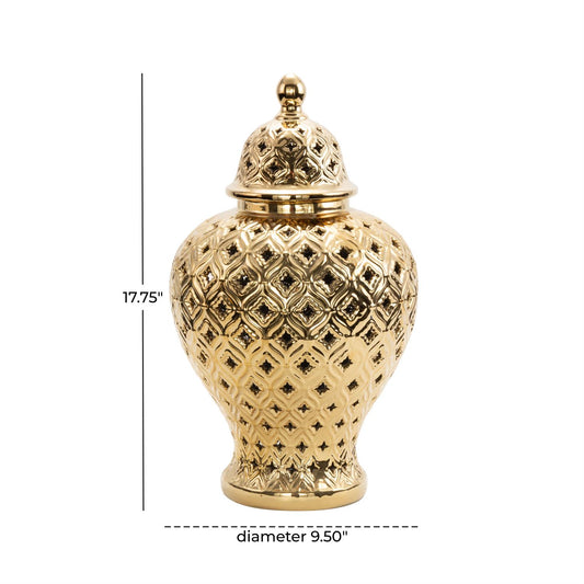 Gold Ceramic Living Room Decorative Jars with Geometric Cutout Design and Lid