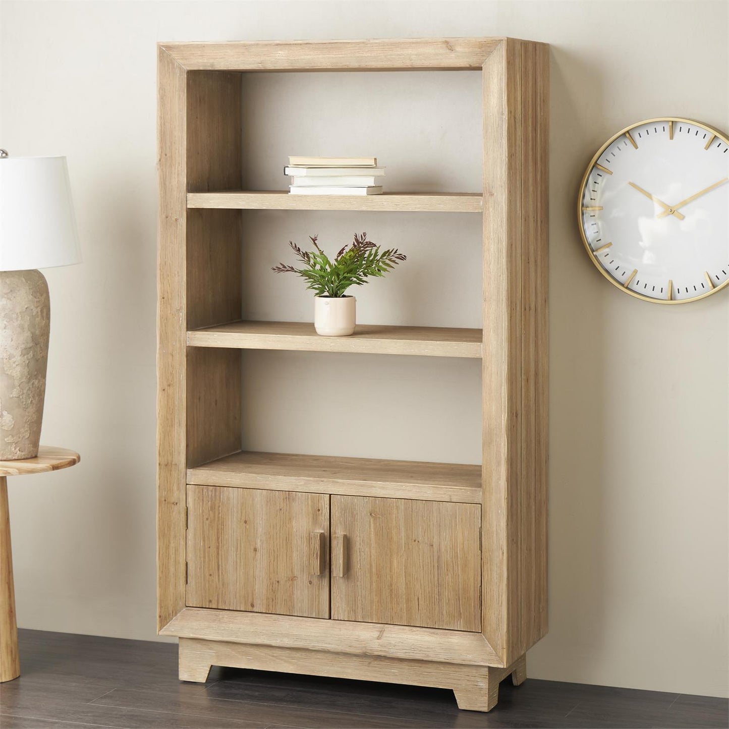 Light Brown Wood 2 Door and 3 Shelf Storage Shelving Unit with Natural Wood Grains