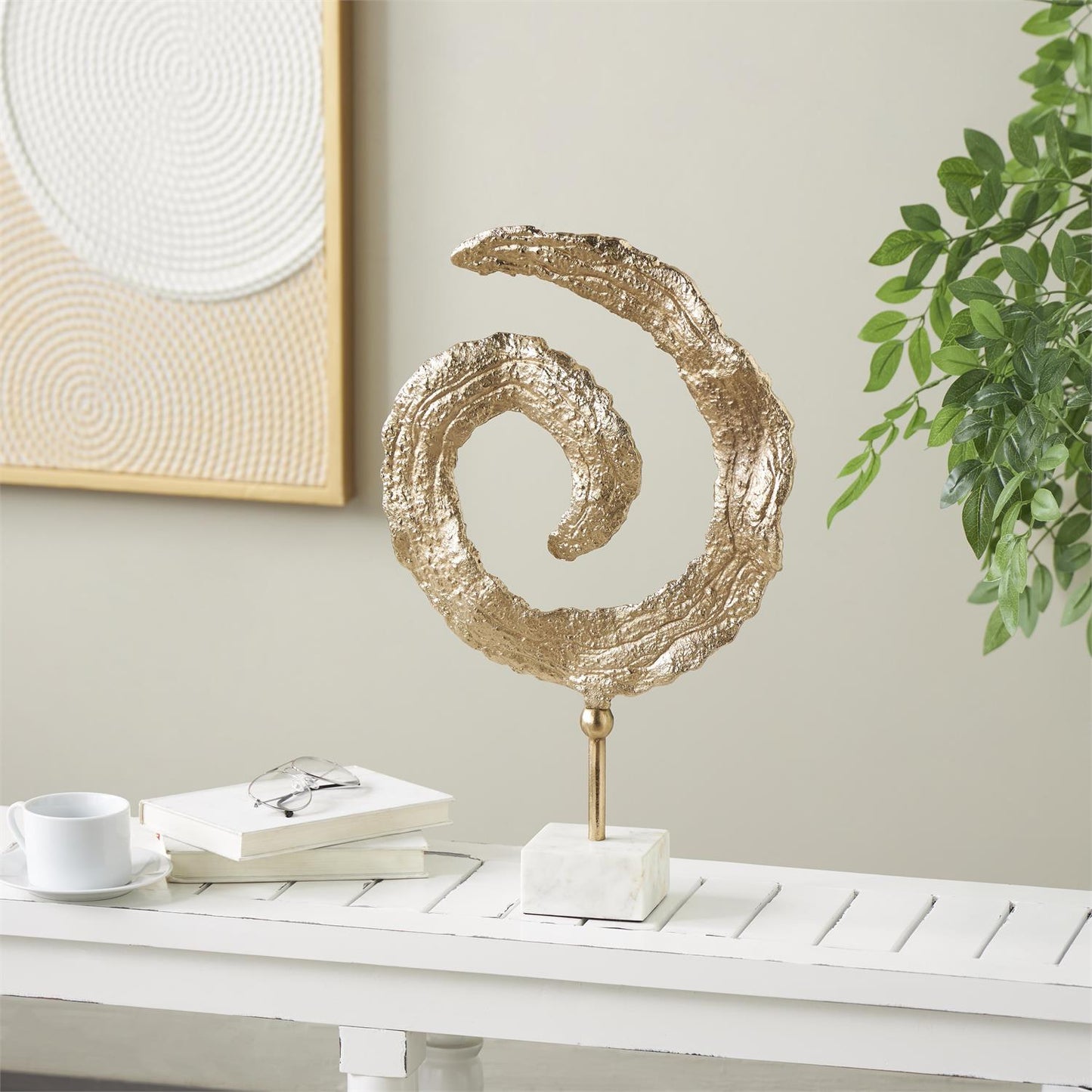 Gold Aluminum Metal Abstract Textured Spiral Decorative Sculpture with Marble Base