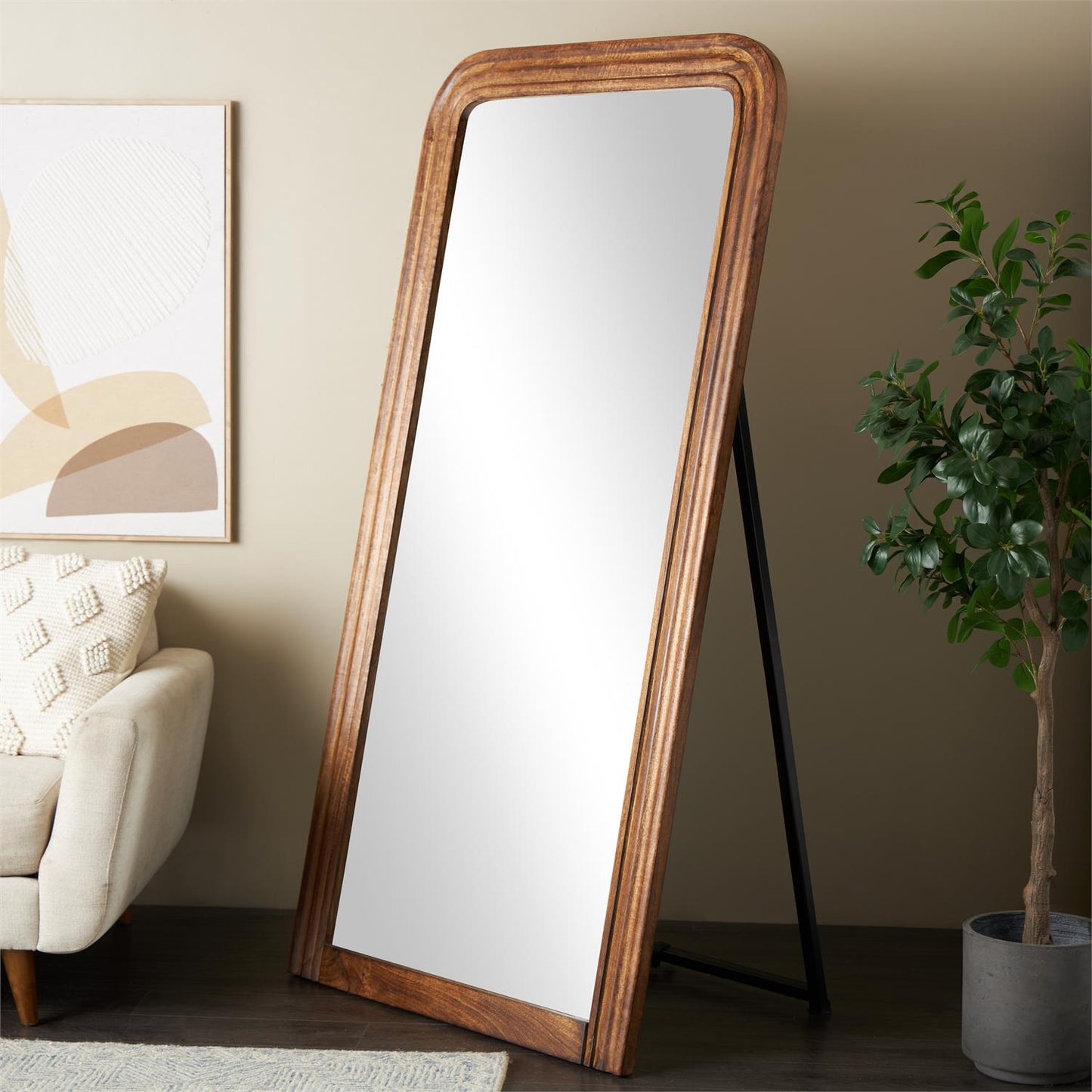 Brown Mango Wood Distressed Room Floor Mirror with Carved Grooves