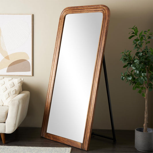 Brown Mango Wood Distressed Room Floor Mirror with Carved Grooves
