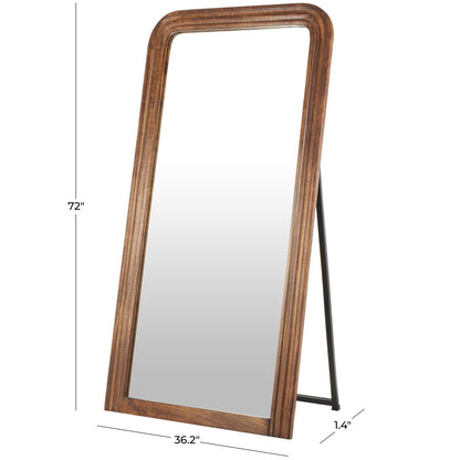 Brown Mango Wood Distressed Room Floor Mirror with Carved Grooves