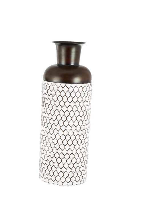 White Metal Tall Teardrop Shaped Decorative Vase with Brown Trumpet Tops