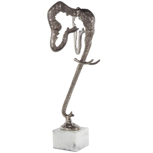 Silver Aluminum Metal Elephant Tall Cutout Silhouette Decorative Sculpture with Marble Base