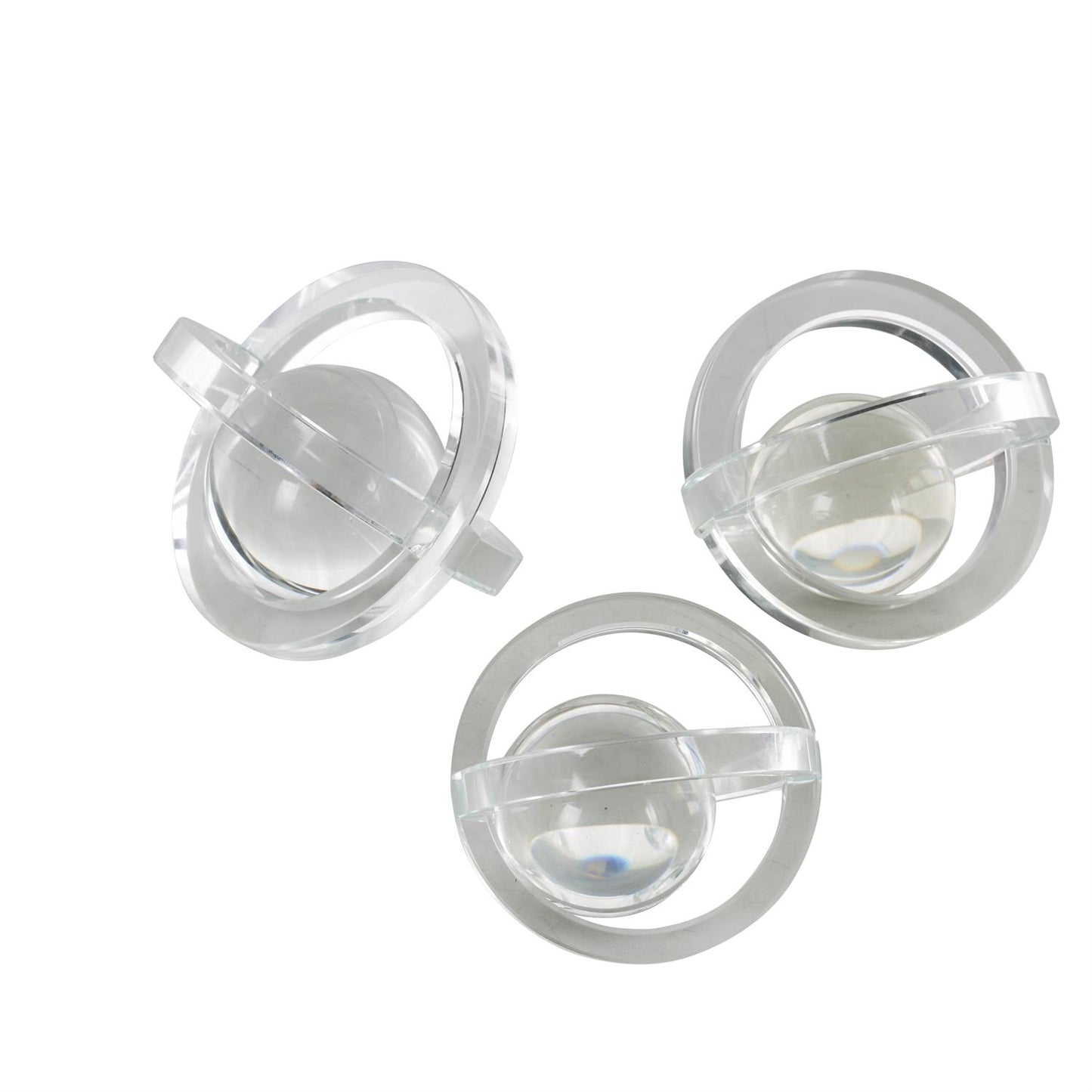 Clear Glass Geometric Orb Decorative Sculpture with Overlapping Rings and Ball Center, Set of 3