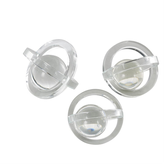 Clear Glass Geometric Orb Decorative Sculpture with Overlapping Rings and Ball Center, Set of 3