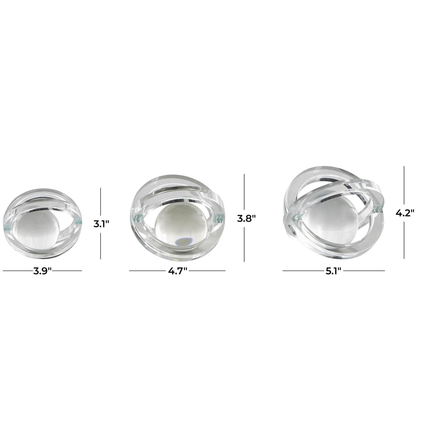 Clear Glass Geometric Orb Decorative Sculpture with Overlapping Rings and Ball Center, Set of 3