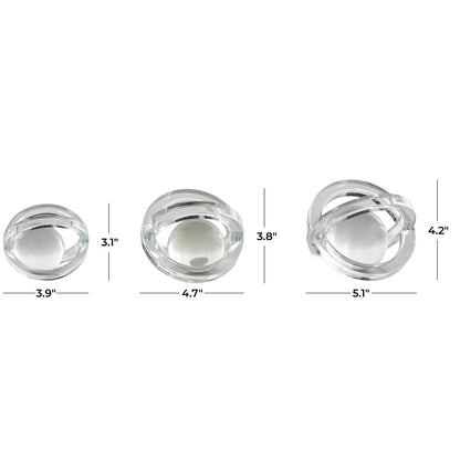 Clear Glass Geometric Orb Decorative Sculpture with Overlapping Rings and Ball Center, Set of 3