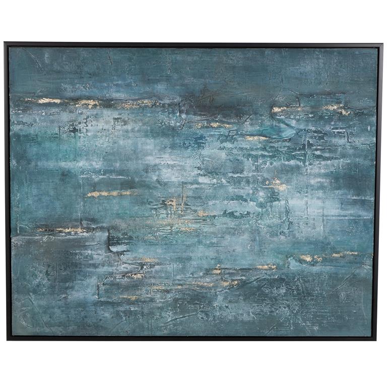 Dark Blue Canvas Abstract Silver Embellishments Living Room Framed Wall Art with Black Frame