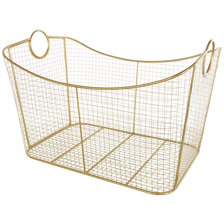 Gold Metal Geometric Wire Grid Decorative and Functional Storage Basket with Curved Sides and Ring Handles