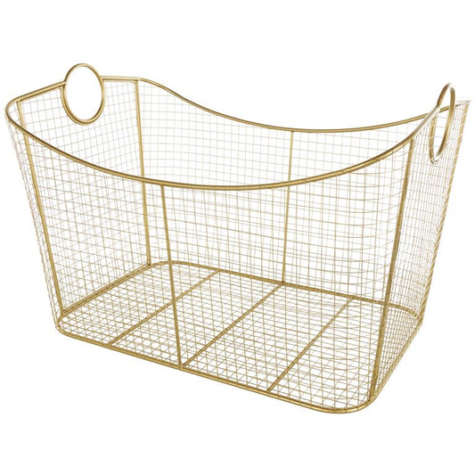 Gold Metal Geometric Wire Grid Decorative and Functional Storage Basket with Curved Sides and Ring Handles