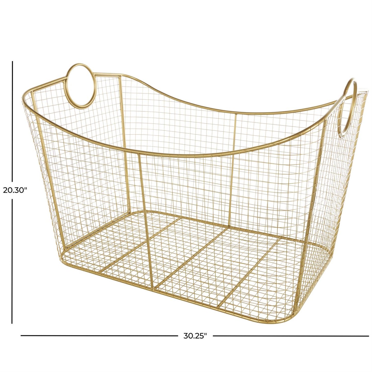 Gold Metal Geometric Wire Grid Decorative and Functional Storage Basket with Curved Sides and Ring Handles