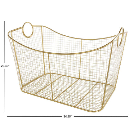Gold Metal Geometric Wire Grid Decorative and Functional Storage Basket with Curved Sides and Ring Handles