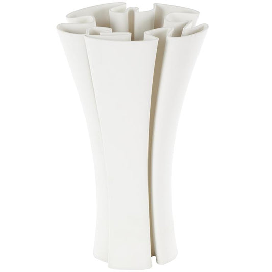 White Ceramic Abstract Ribbed Dimensional Folded Decorative Vase with Curvy Rim