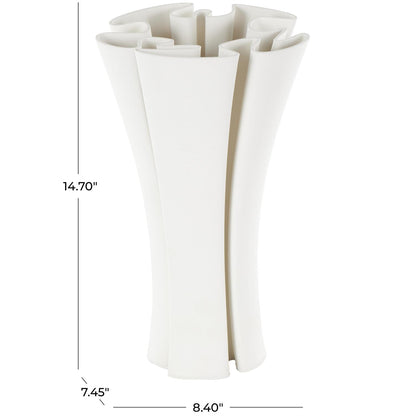 White Ceramic Abstract Ribbed Dimensional Folded Decorative Vase with Curvy Rim
