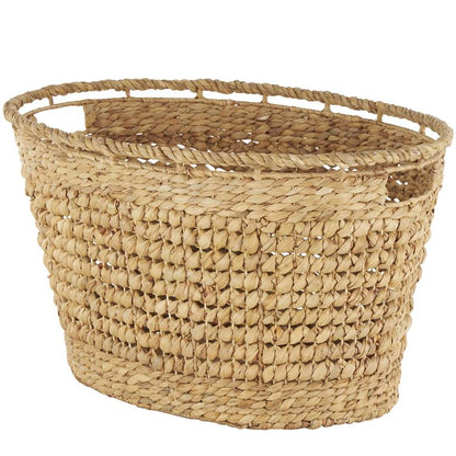 Brown Seagrass Handmade Woven Oval Decorative and Functional Storage Basket with Elevated Rim and Slot Handles