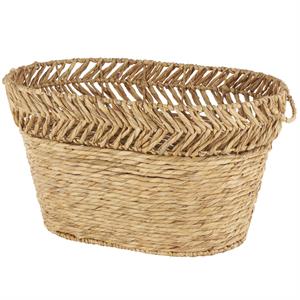 Brown Seagrass Handmade Woven Oval Decorative and Functional Storage Basket with Elevated Rim and Slot Handles