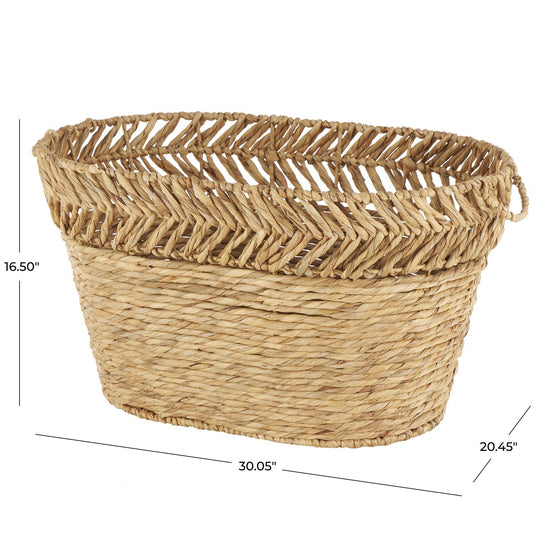 Brown Seagrass Handmade Woven Oval Decorative and Functional Storage Basket with Elevated Rim and Slot Handles