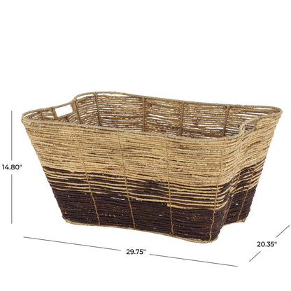 Brown Seagrass Handmade Woven Oval Decorative and Functional Storage Basket with Elevated Rim and Slot Handles