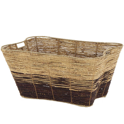 Brown Seagrass Handmade Woven Oval Decorative and Functional Storage Basket with Elevated Rim and Slot Handles