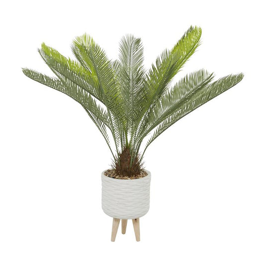 Green Faux Foliage Sago Palm Indoor Outdoor Artificial Plant with Realistic Leaves and White Ceramic Pot