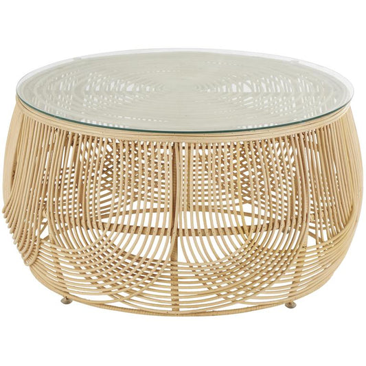 Light Brown Rattan Living Room Coffee Table with Glass Top