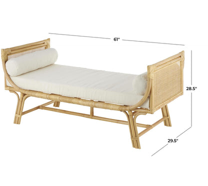 Light Brown Rattan Wrapped Home Bench with White Fabric Seat and Side Cushions