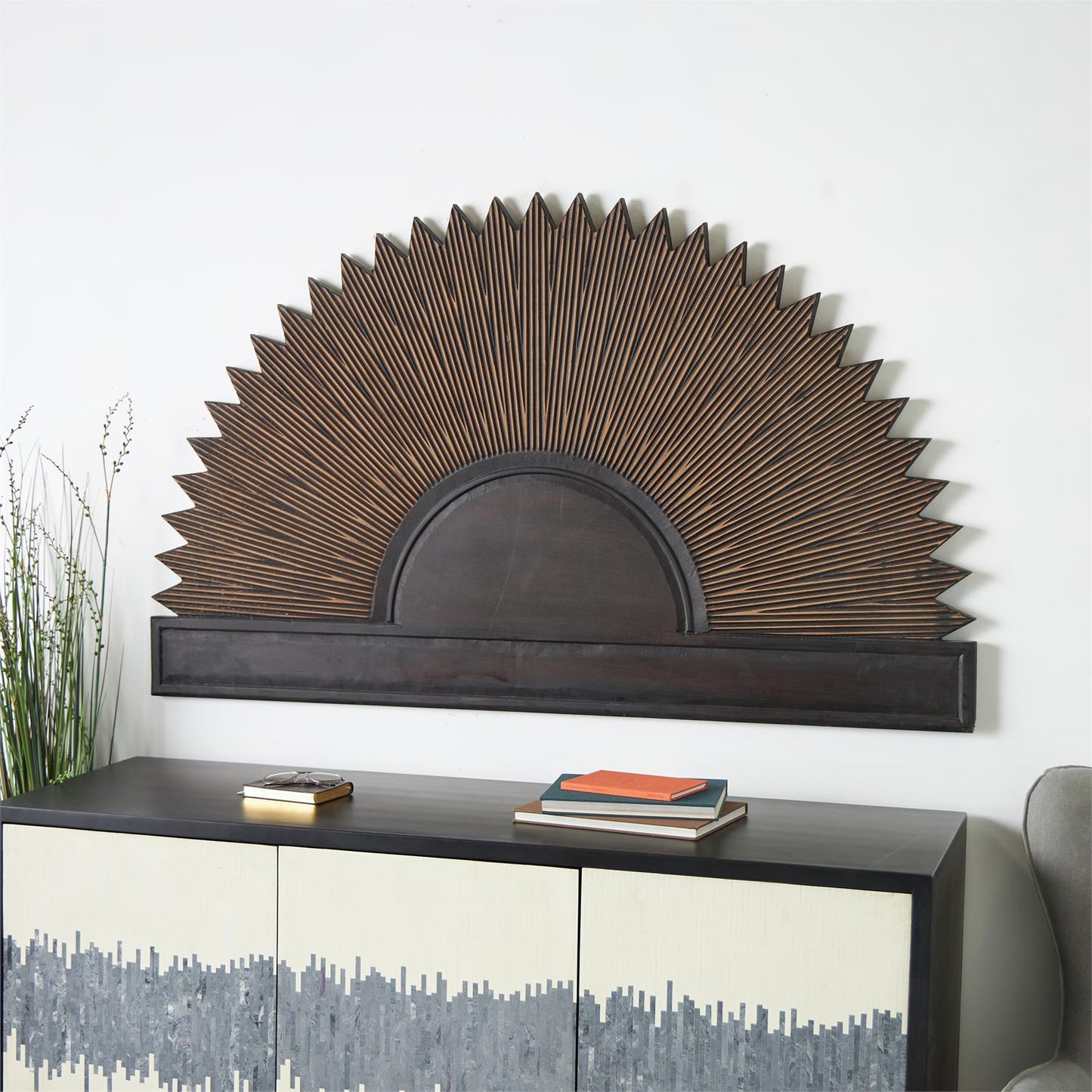 Dark Brown Wooden Sun Large Home Wall Decor with Copper Accents,