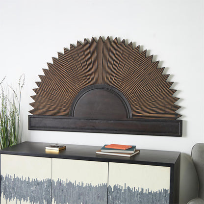 Dark Brown Wooden Sun Large Home Wall Decor with Copper Accents,