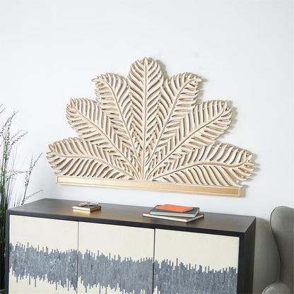 Gold Wooden Palm Tree Leaf Panel Home Wall Decor with White Accents
